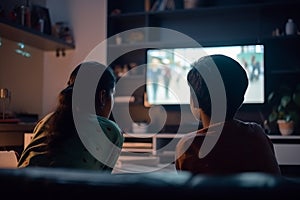 Back view teenage Indian girl and boy in front of television screen. Generate ai