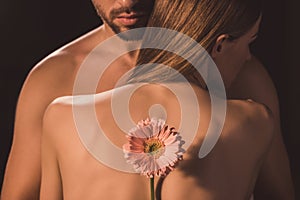 back view of tender lovers hugging and holding gerbera flower,