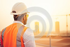 Back view thoughtful worker engineer silhouette against building construction gas oil pump industry equipment storage