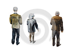 Back view on the three elder men and woman in classic and casual dresses Original watercolor illustration isolated on