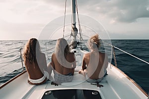 Back view of three friends sitting on the deck of a yacht. Friends chilling on a yacht in the ocean full rear view, AI Generated