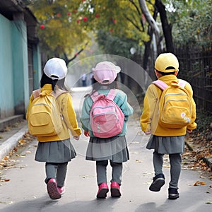 Back view of a three school girls wearing backpack outside the primary school. schoolgirl, elementary school student