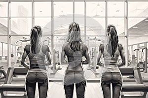 Back view of three sporty women in sportswear standing in a gym, Women doing battle workouts with rope in a gym, top section