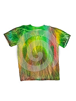 Back view of a tie dye-style T-shirt isolated on a white background. Flat lay