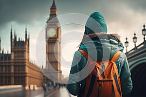 Back view of tourist woman with backpack on the background on london Big Ben. Generative AI.