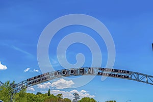 Back view of the towering welcome arch at the city of Ogden in Utah