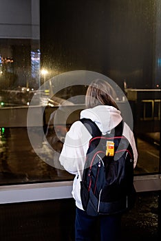 Back view of a traveler woman standing by the airport window