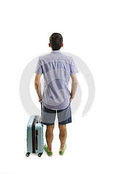 Back view of traveling man with suitcase looking up. Rear view people collection. Backside view of person