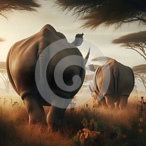 Back view of two rhinos in African savannah