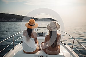 Back view of two young women in swimsuits and hats sitting on the back of the boat and looking at the sea, Friends chilling on a