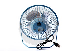 The back view of a universal serial bus powered blue portable table fan