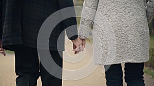 Back view of unrecognizable senior Caucasian couple walking in autumn park holding hands. Loving man and woman strolling