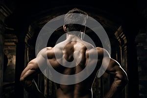 Back view of a well built man emphasizes his muscularity