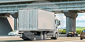 Back View Of White Truck With Empty Space On Refrigerator Driving Along the Route. 3d rendering