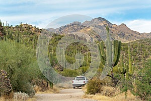 Back view of white truck in the hills of tuscon arizona during offroad drive for park ranger or visitor on trail or path