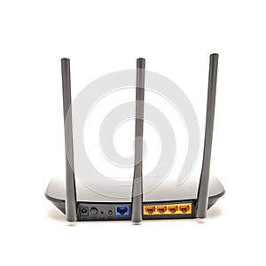 Back view of wireless router cable modem isolated on white background