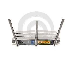 Back view of wireless router cable modem isolated on white background