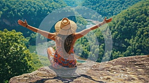 Back view of woman with arms raised on cliff