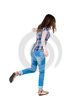 Back view woman Balances waving his arms. Standing young girl