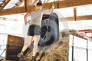 Back view of a woman cleaning horse stables