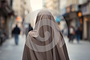 Back view of woman covered with beige Muslim Niqab face veil in city street