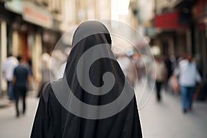 Back view of woman covered with black Muslim Niqab face veil in city street