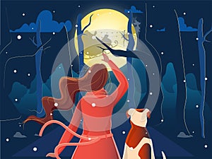 Back View of Woman and Dog Watching Santa Riding Reindeer Sleigh on Blue Forest Full Moon Night Background for Merry Christmas &