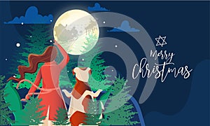 Back View of Woman and Dog Watching Santa Riding Reindeer Sleigh on Forest Moon Night Blue Background for Merry Christmas
