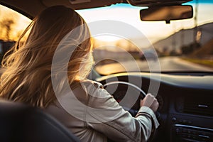 Back view of woman driving car for summer vacation travel. Car driving with safety on highway. Driver hand holding steering wheel