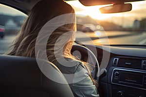 Back view of woman driving car for summer vacation travel. Car driving with safety on highway. Driver hand holding steering wheel