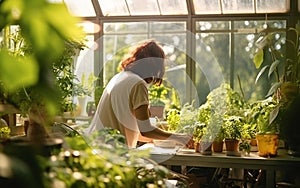 Back view of woman in greenhouse at home taking care and gardening of houseplants. Home gardening