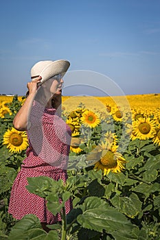 Back view of woman in hat looking at sunflower