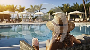 Back view a woman in hat relaxing at the poolside. Generative AI