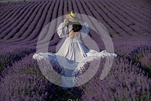 Back view woman lavender sunset. Happy woman in white dress holds lavender bouquet. Aromatherapy concept, lavender oil