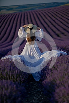 Back view woman lavender sunset. Happy woman in white dress holds lavender bouquet. Aromatherapy concept, lavender oil