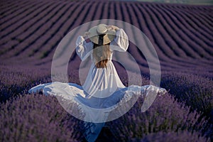 Back view woman lavender sunset. Happy woman in white dress holds lavender bouquet. Aromatherapy concept, lavender oil