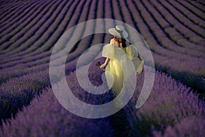 Back view woman lavender sunset. Happy woman in yellow dress holds lavender bouquet. Aromatherapy concept, lavender oil