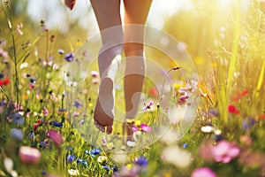 Back view of woman legs waking bare feet through flowering meadow. Sunny summer evening, enjoying nature