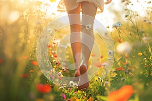 Back view of woman legs waking bare feet through flowering meadow. Sunny summer evening, enjoying nature