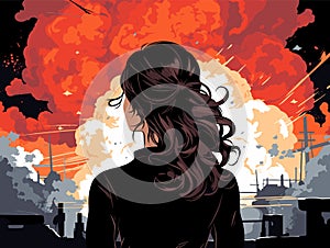 Back view of a woman looking at a dramatic explosion in an industrial area. Hair silhouette against fiery orange and red