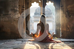 Back view of a woman meditating in an ancient indian temple at sunrise, with soft light filtering through