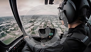 Back view Woman pilot in the cockpit of a helicopter in flight with a view of the city from above, AI generated