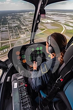 Back view Woman pilot in the cockpit of a helicopter in flight with a view of the city from above, AI generated