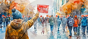 Back view of a woman with a raised VOTE sign amidst a crowd on a city street, watercolor illustration. Encouraging voter