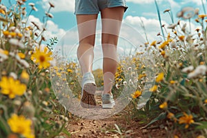 Back view of woman\'s legs with sport shoes jogging in through field of summer flowers