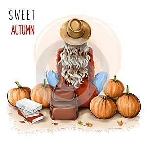 Back view of Woman sitting on the ground. Blonde hair girl with hat. Cozy autumn set with pumpkins, leaves and books.