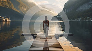 Back view of a woman standing on a boardwalk at a lake