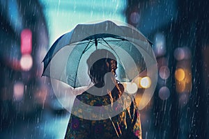 Back view of woman with umbrella in rain shower. Generate ai