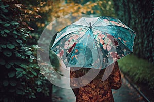 Back view of woman walking in rain with umbrella. Generate ai
