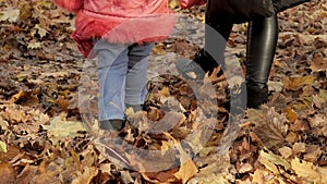 Back view of women`s and children`s feet are walking on fallen leaves in the park. Slow motion